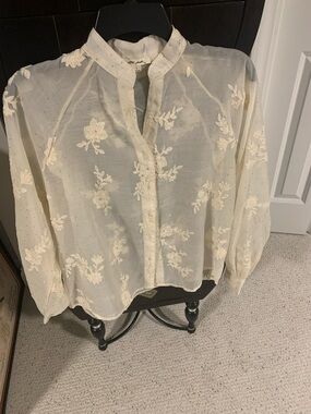 Ultra Pink Sheer Cream Floral Embroidered Blouse